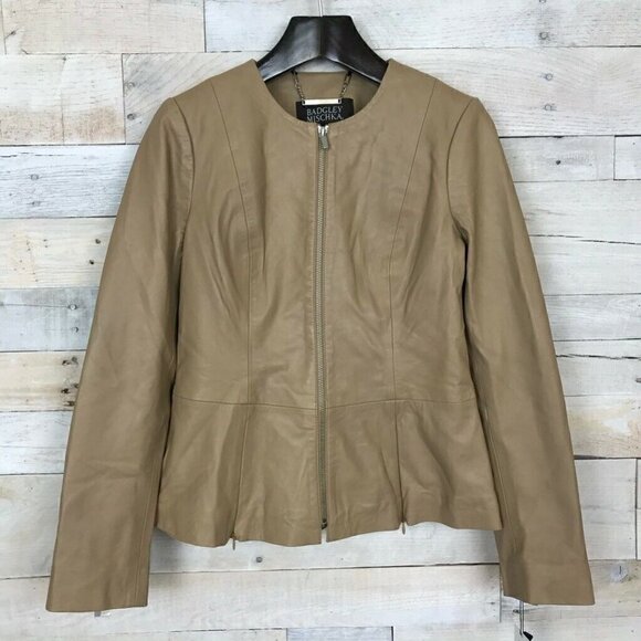 Badgley Mischka Womens Genuine Leather Peplum Jacket Beige Full Zip Small New